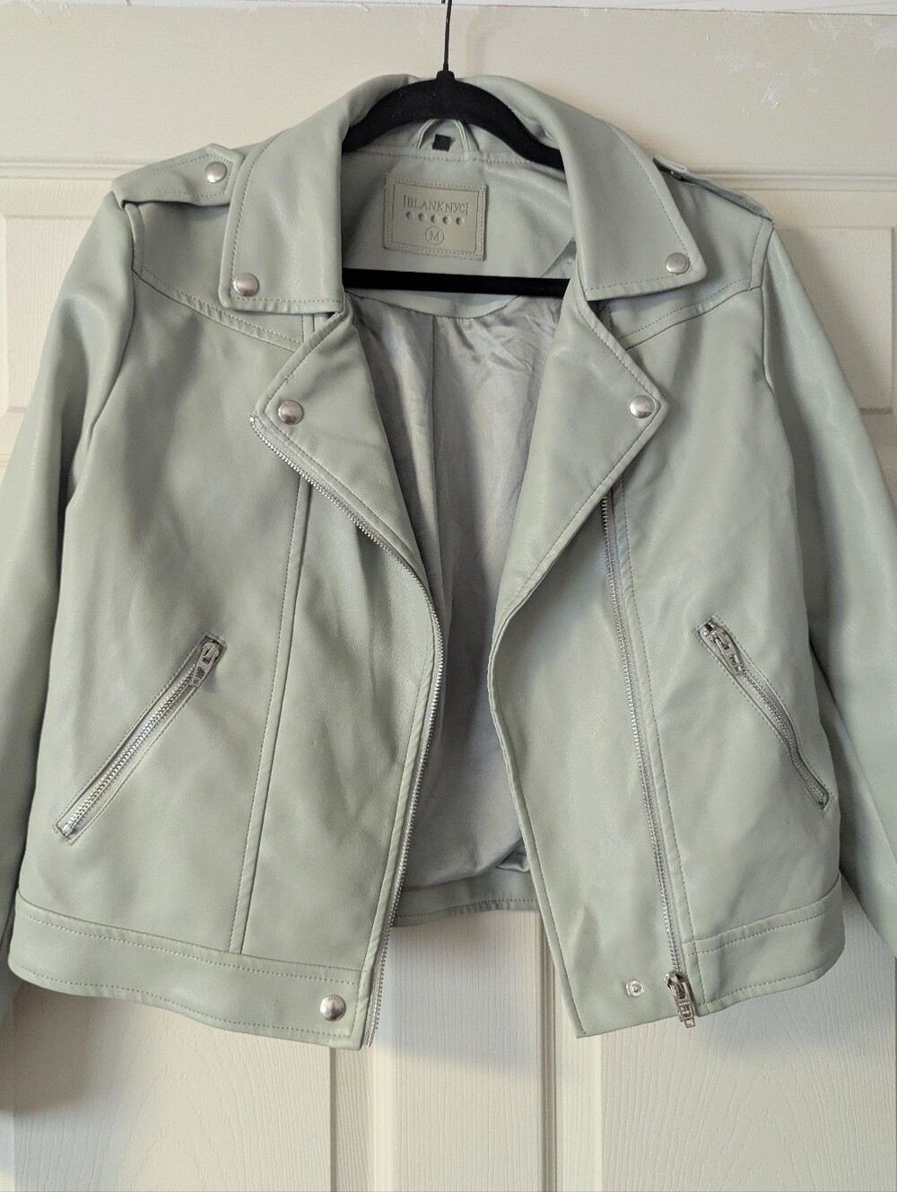 BLANKNYC Moto Biker Jacket Sage Green Motorcycle Faux Leather Fall Vegan